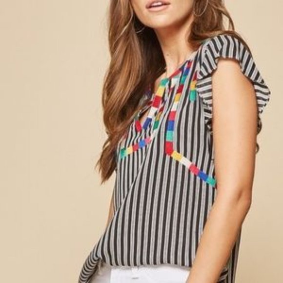 Boho Embroidered Bib Striped Flutter Sleeve Top - Picture 3 of 13